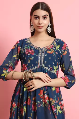  women alia cut embroidered viscose silk floral printed a-line kurta with pant & dupatta set