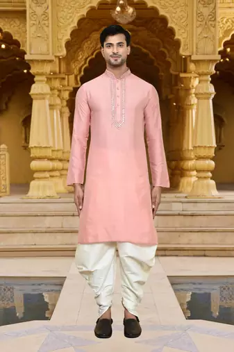 Men's wear pink art silk dhoti kurta