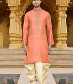 Men's wear orange art silk dhoti kurta