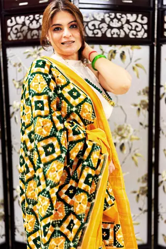 Yellow Double Ikat Handloom Saree Set
