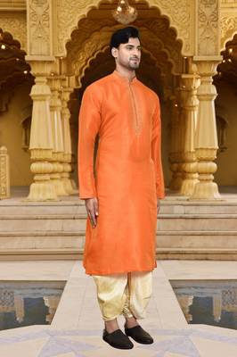 Men's wear orange art silk dhoti kurta 1