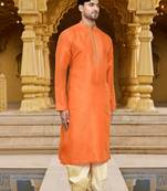Men's wear orange art silk dhoti kurta