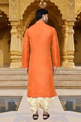 Men's wear orange art silk dhoti kurta 2