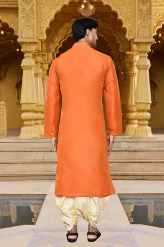Men's wear orange art silk dhoti kurta