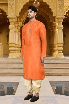 Men's wear orange art silk dhoti kurta 3