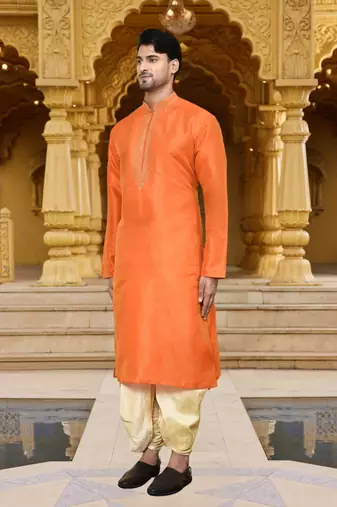 Men's wear orange art silk dhoti kurta
