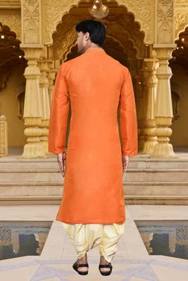 Men's wear orange art silk dhoti kurta 4