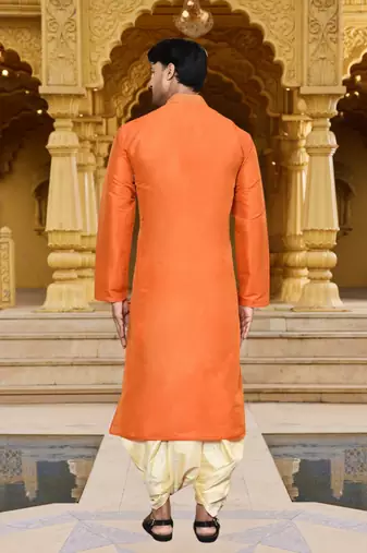 Men's wear orange art silk dhoti kurta
