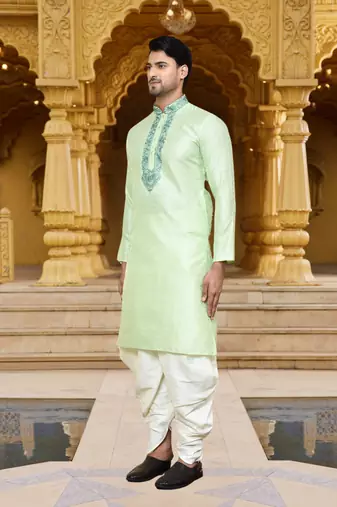 Men's wear pista green art silk dhoti kurta