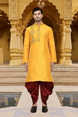 Men's wear yellow art silk dhoti kurta 1