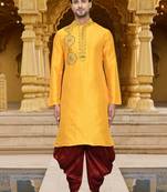 Men's wear yellow art silk dhoti kurta