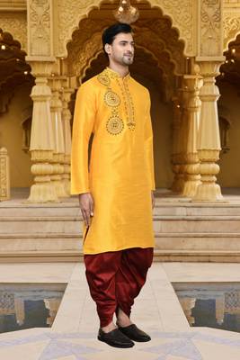 Men's wear yellow art silk dhoti kurta 2