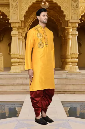 Men's wear yellow art silk dhoti kurta