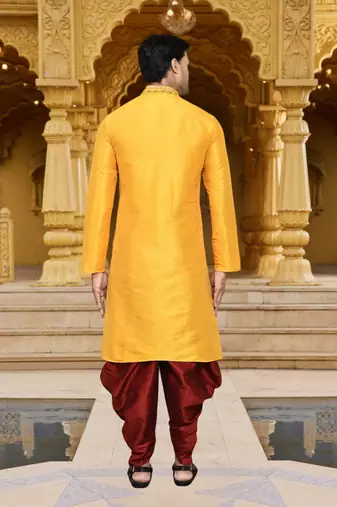 Men's wear yellow art silk dhoti kurta