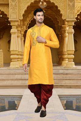 Men's wear yellow art silk dhoti kurta 4