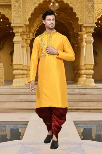 Men's wear yellow art silk dhoti kurta