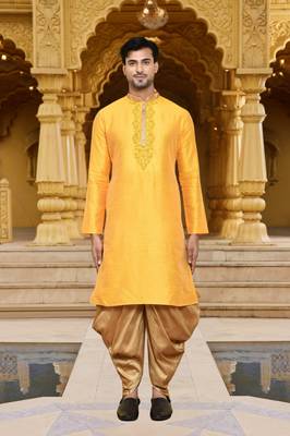 Men's wear yellow art silk dhoti kurta 1