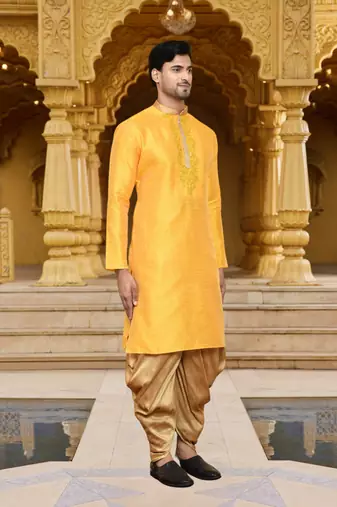 Men's wear yellow art silk dhoti kurta