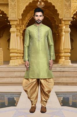 Men's wear light green art silk dhoti kurta 1