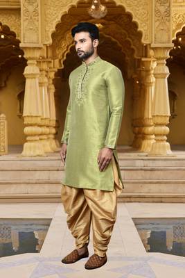 Men's wear light green art silk dhoti kurta 3