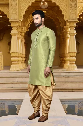 Men's wear light green art silk dhoti kurta