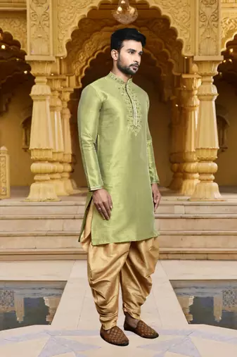 Men's wear light green art silk dhoti kurta