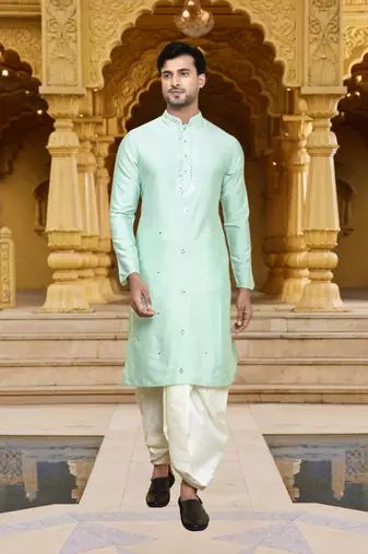 Men's wear pista green art silk dhoti kurta