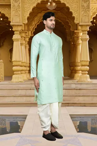 Men's wear pista green art silk dhoti kurta