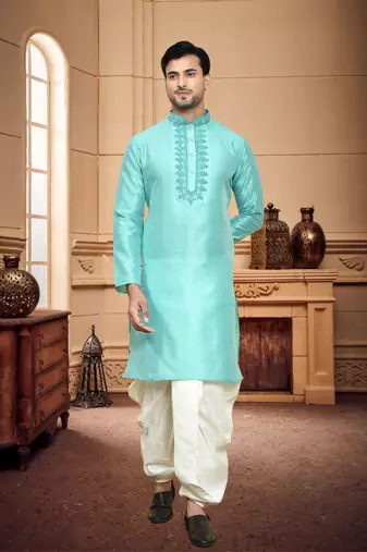 Men's wear light blue  art silk dhoti kurta