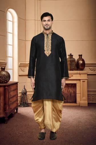 Men's wear black art silk dhoti kurta