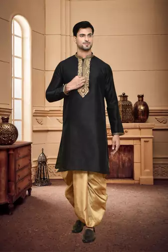 Men's wear black art silk dhoti kurta