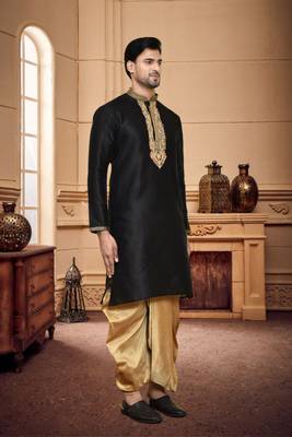 Men's wear black art silk dhoti kurta 4