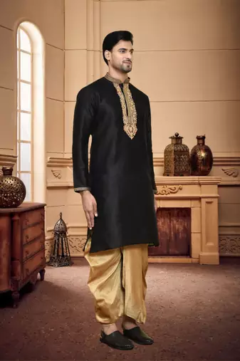 Men's wear black art silk dhoti kurta