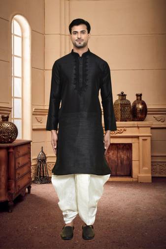 Men's wear black art silk dhoti kurta