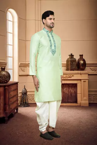 Men's wear pista green art silk dhoti kurta