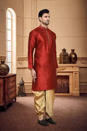 Men's wear maroon art silk dhoti kurta