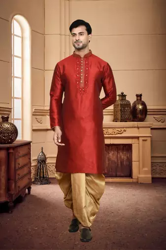 Men's wear maroon art silk dhoti kurta
