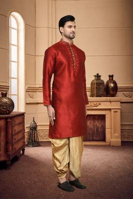 Men's wear maroon art silk dhoti kurta 2