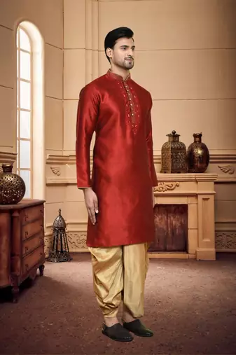 Men's wear maroon art silk dhoti kurta