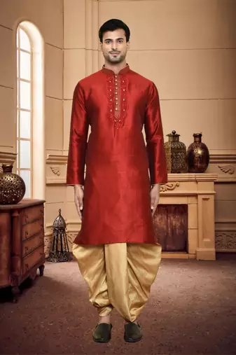Men's wear maroon art silk dhoti kurta