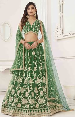 P.GREEN  NET WITH SEQUINS AND THREAD EMBROIDERY WORK SEMI-STITCHED LEHENGA & UNSTITCHED BLOUSE WITH DUPATTA 1