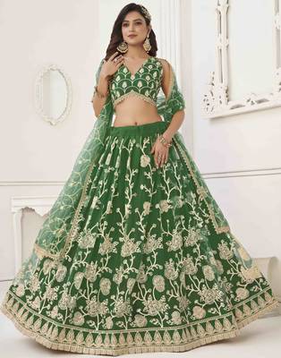 P.GREEN  NET WITH SEQUINS AND THREAD EMBROIDERY WORK SEMI-STITCHED LEHENGA & UNSTITCHED BLOUSE WITH DUPATTA 2