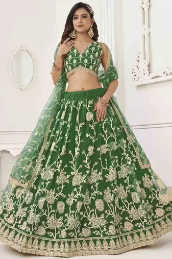 P.GREEN  NET WITH SEQUINS AND THREAD EMBROIDERY WORK SEMI-STITCHED LEHENGA & UNSTITCHED BLOUSE WITH DUPATTA