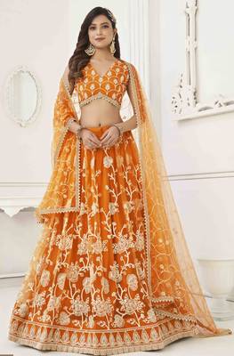 ORANGE NET WITH SEQUINS AND THREAD EMBROIDERY WORK SEMI-STITCHED LEHENGA & UNSTITCHED BLOUSE WITH DUPATTA 1
