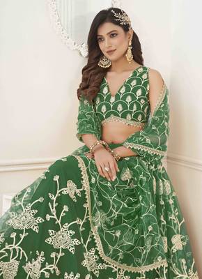 P.GREEN  NET WITH SEQUINS AND THREAD EMBROIDERY WORK SEMI-STITCHED LEHENGA & UNSTITCHED BLOUSE WITH DUPATTA 3