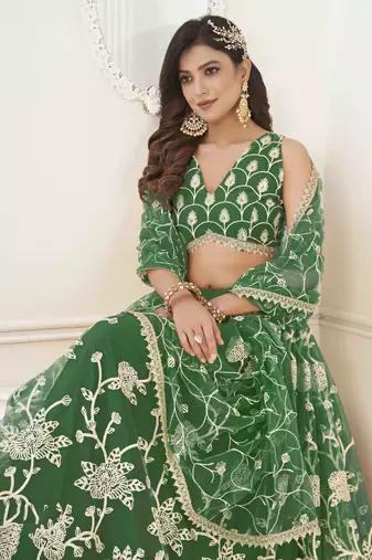 P.GREEN  NET WITH SEQUINS AND THREAD EMBROIDERY WORK SEMI-STITCHED LEHENGA & UNSTITCHED BLOUSE WITH DUPATTA