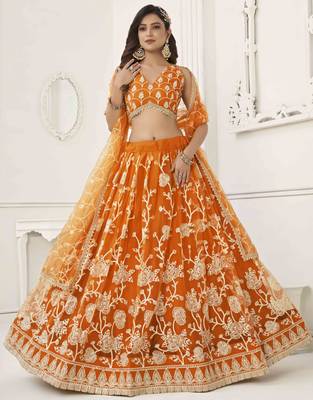 ORANGE NET WITH SEQUINS AND THREAD EMBROIDERY WORK SEMI-STITCHED LEHENGA & UNSTITCHED BLOUSE WITH DUPATTA 2