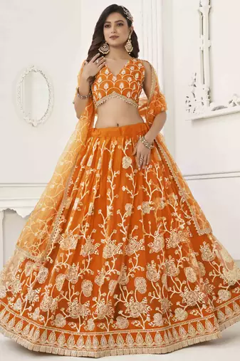 ORANGE NET WITH SEQUINS AND THREAD EMBROIDERY WORK SEMI-STITCHED LEHENGA & UNSTITCHED BLOUSE WITH DUPATTA