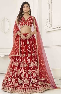 RED NET WITH SEQUINS AND THREAD EMBROIDERY WORK SEMI-STITCHED LEHENGA & UNSTITCHED BLOUSE WITH DUPATTA 1