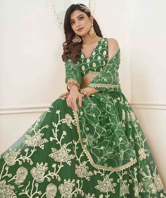 P.GREEN  NET WITH SEQUINS AND THREAD EMBROIDERY WORK SEMI-STITCHED LEHENGA & UNSTITCHED BLOUSE WITH DUPATTA 4